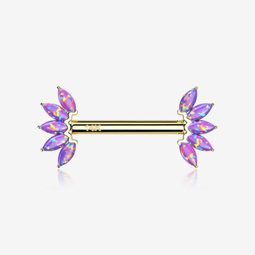 A Pair of 14 Karat Gold OneFit Threadless Marquise Fire Opal Floral Nipple Barbell-Purple Opal